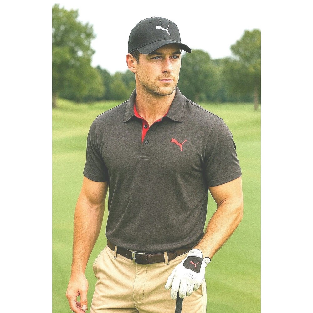 PUMA Polo Shirt Mens Large Dry Cell Short Sleeve Collared Golf Gray Red